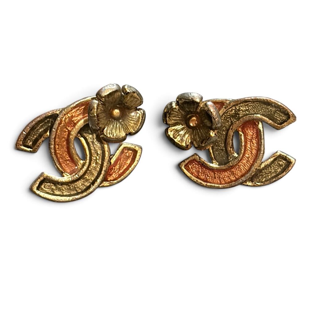 Chanel CC Camellia Enamel Stud Earrings Gold-Tone Green Coral Flower